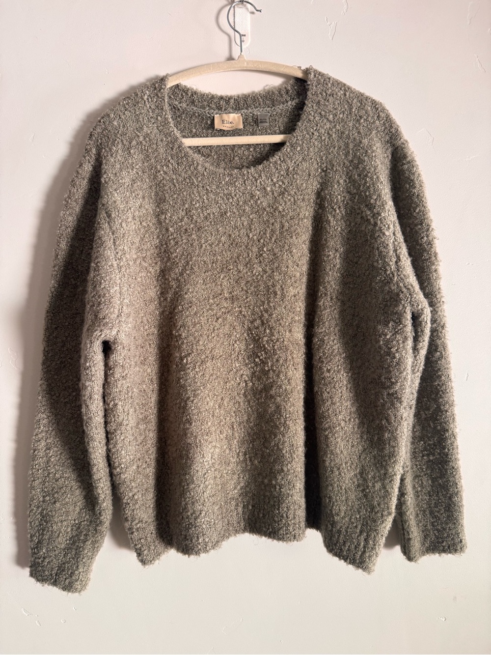 EILE Tahari Bouclé Knit Crewneck Sweater in Mossy Sage
